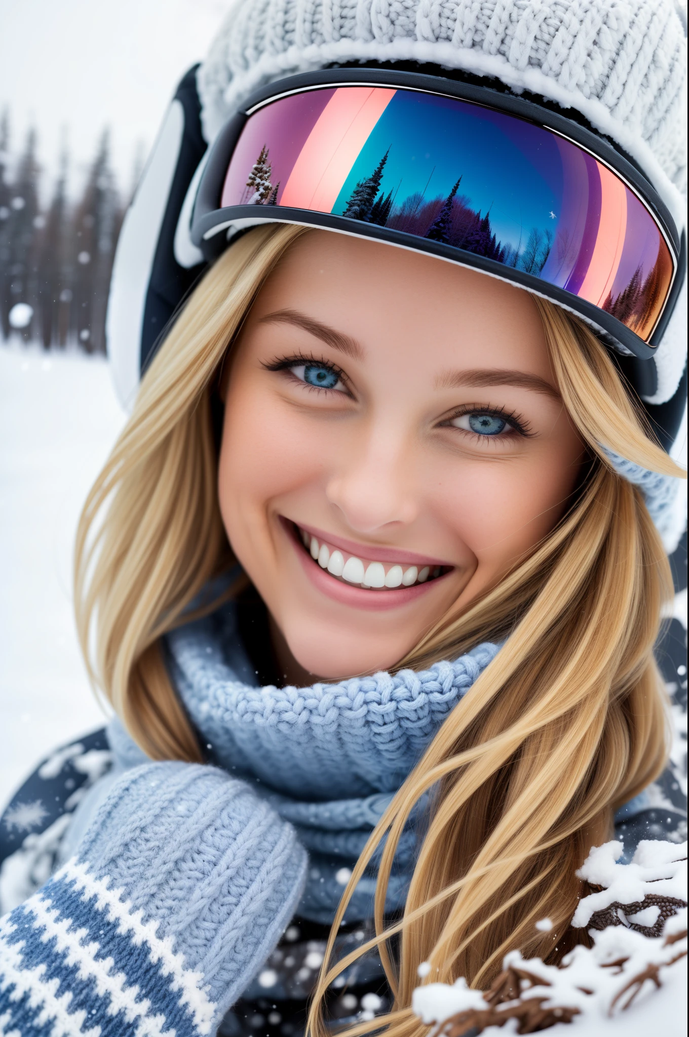 photo, smiling super happy blonde girl with white handknit pullover with blue stars knitpattern, gloves,ski trousers,long hair, smiling at camera, ,flirting mood,,leaning on a snowboard,sunny day, winter snow,whole body, canon D1 85mm, --auto --s2