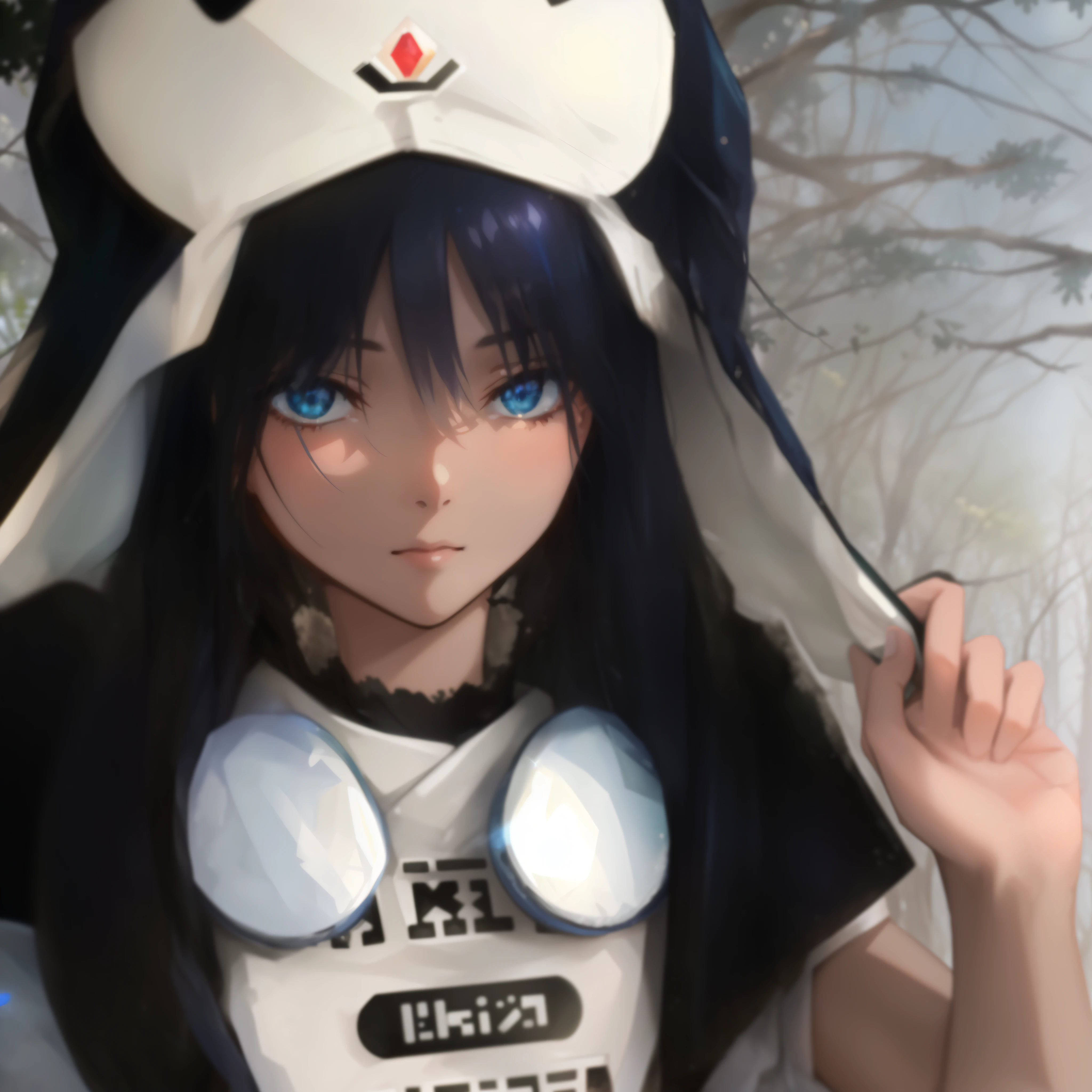 ((A far view)) of a black-haired anime teen girl, (sitting in the (forest)), ((strong sunlight)), cinematic light, slim body, skin is perfectly healthy, soft, and smooth, Extremely delicate and beautiful CG illustration, best quality, high resolution, dynamic angle, full-length lens, (1 girl), floating, soft light, high-key lighting), glowing light, blue halo, blue crystal, ((very cinematic))