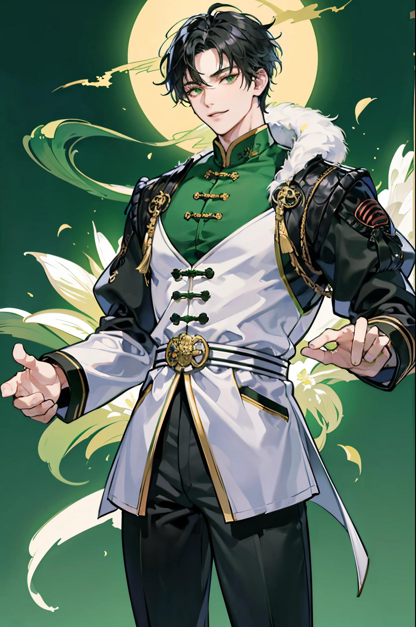 chinese style,中景The scene is,Male emperor in front of Chinese characters,masculine,Big body ,Have a smile, Aggressive looking., Hair color black-brown,Stretch your hands.,messy hair,timid, in the white of the eye, There's a tattoo on my hand., green glow effect,Hyper-Realistic,Ultra realsisim images,Chinese ink style,Green smoke,Has a black and green coat., White inner set,blemish,ink,10,Super Resolution,High Quality,(((OC renderer)) information ((tall body))