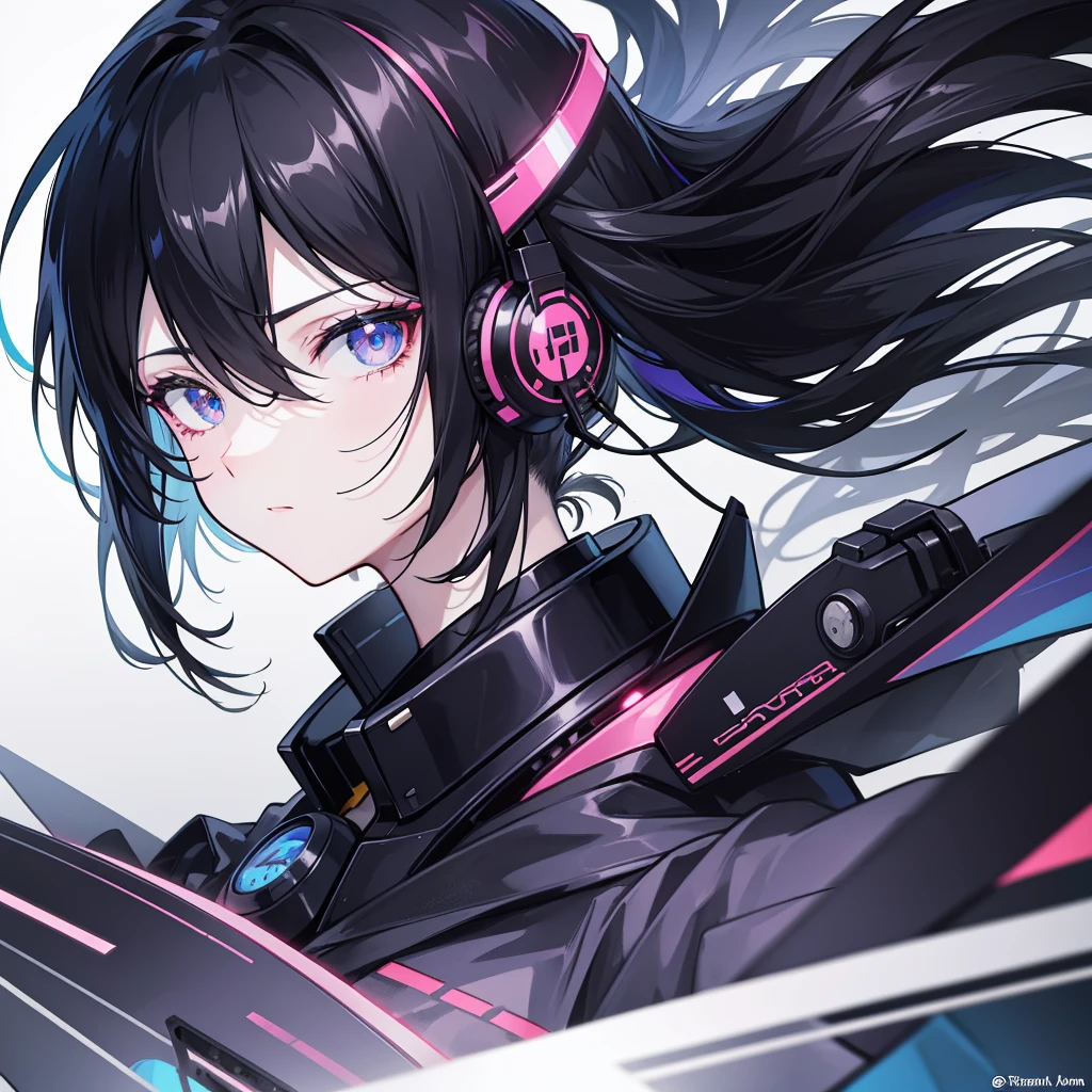 black hair color hair, behind-the-head headphones, Gradient eyes, style of anime, hyper HD, retinas, tmasterpiece, Anatomically correct, high detal, high high quality, super detailing, A high resolution, 16k