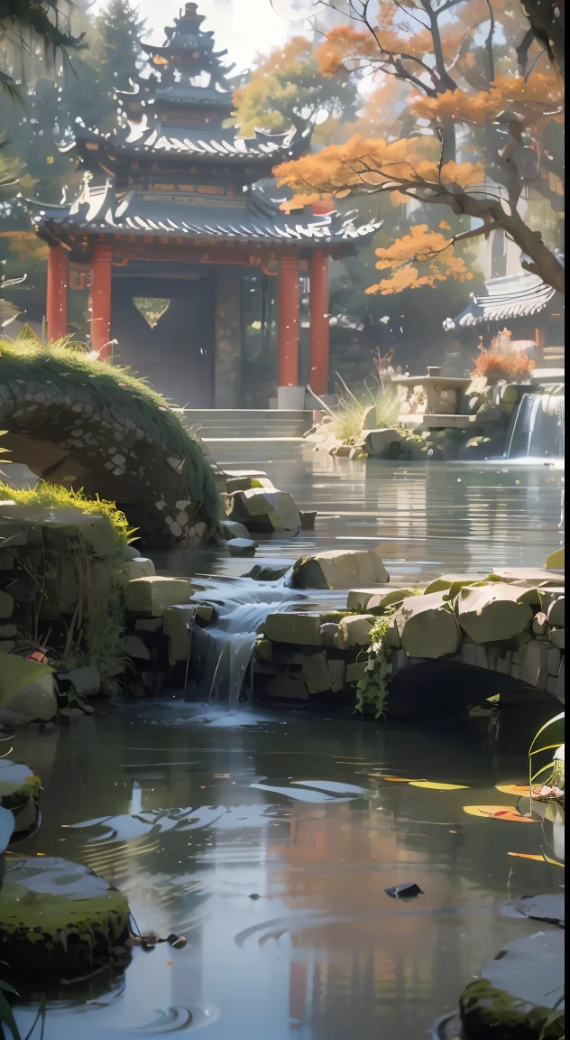 Ancient Chinese architecture, moon, midnight, garden, bamboo, lake, stone bridge, rockery, arch, corner, tree, running water, landscape, outdoor, waterfall, grass, rock, water lily, hot spring, water vapor, (Illustration: 1.0), Epic Composition, Realistic Lighting, HD Details, Masterpiece, Best Quality, (Very Detailed CG Unity 8k) --v 6