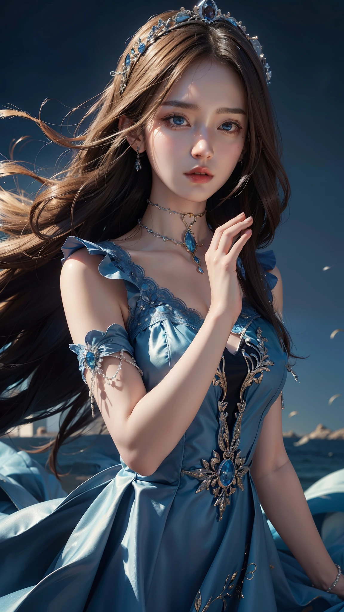 4k ultra hd, masterpiece, a girl, good face, detailed eyes, very lng hair, detailed lips, very detailed dress, blue dress, dim lighting, blowing wind