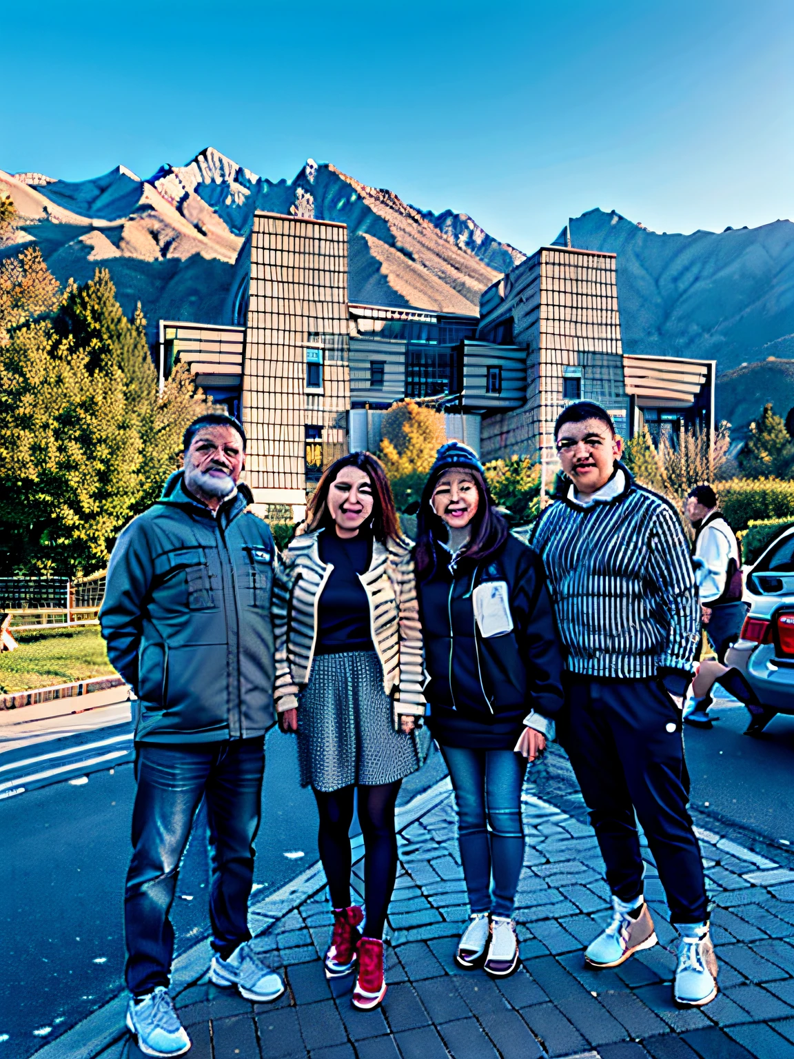 Four people standing on the sidewalk in front of the building, from china, With mountains as a backdrop, park in background, With mountains as a backdrop, Chinese Big Breasts, mountain range in background, Taken in the early 2020s, college, vacation photo