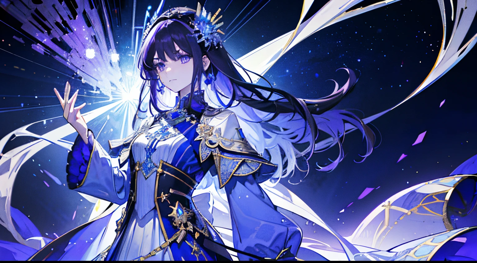 one-girl,Gorgeous, Out of this world,Tall, ellegance,full bodyesbian,(cabelos preto e longos),Purple eye, Princess outfit,Gold and silver decoration,armor,White and blue long dress,Surrounded by light,streamer,Magic,extreme hight detail,8k