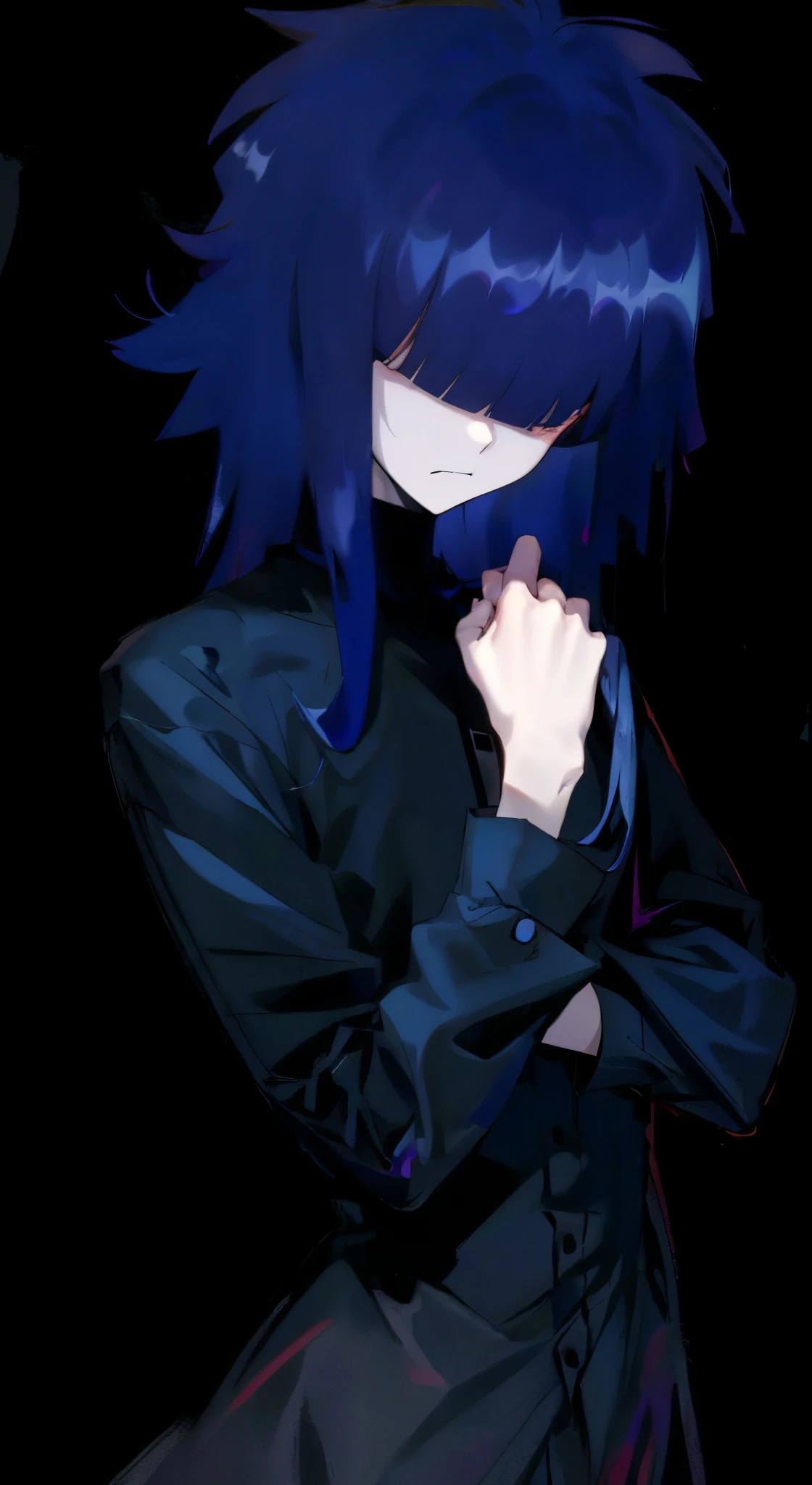 Shoko Toyokawa,Dead Boss Costume,Holding Zanpakutō,Anime style,Standing posture,Serious expression,Long flowing blue hairm eyes,Background Soul Society,