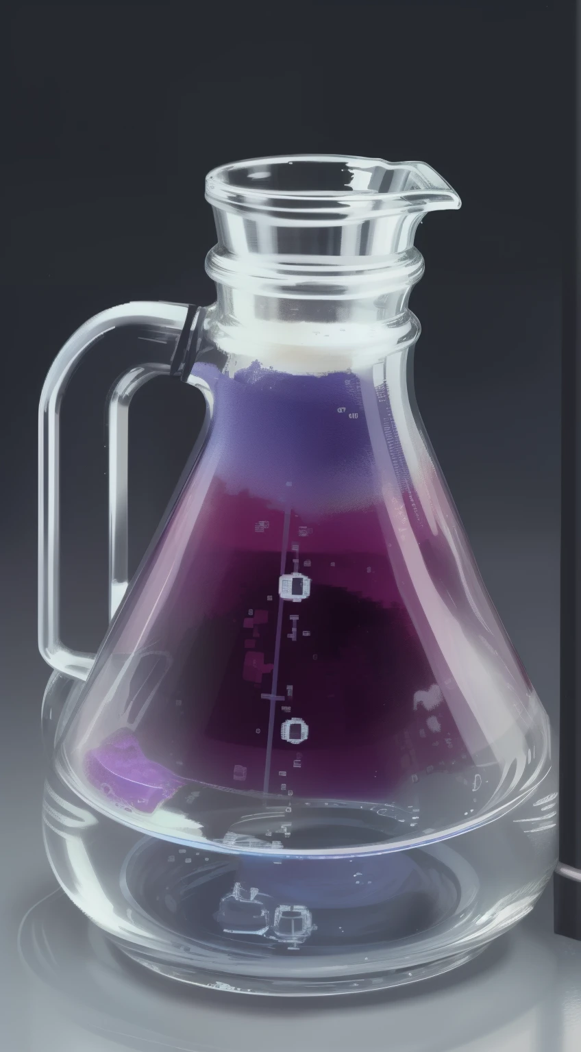 Close-up of glass Erlenmeyer flask with liquid inside,chemical illustration,pixelart,solid color backdrop,no number