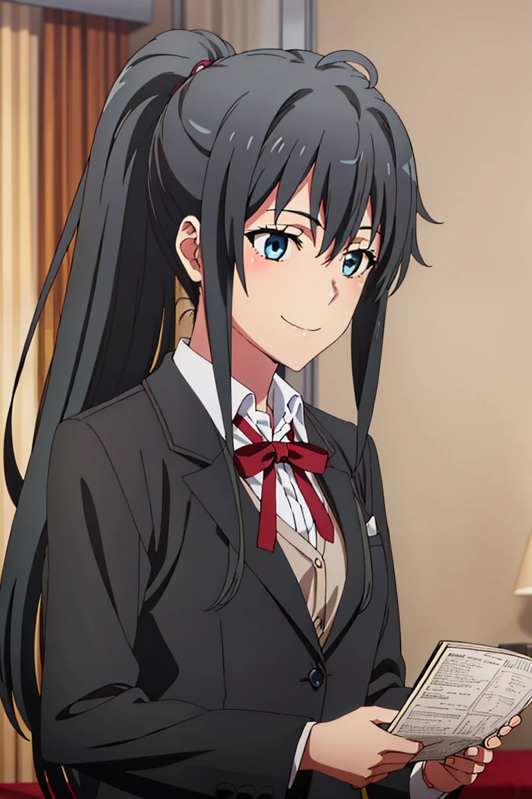 Yukinoshita Yukino, 1girl, Tuxedo, anime, Colored, 8k, Ponytail hair, detailed blue eyes, Hotel room wallpaper, breast, smile