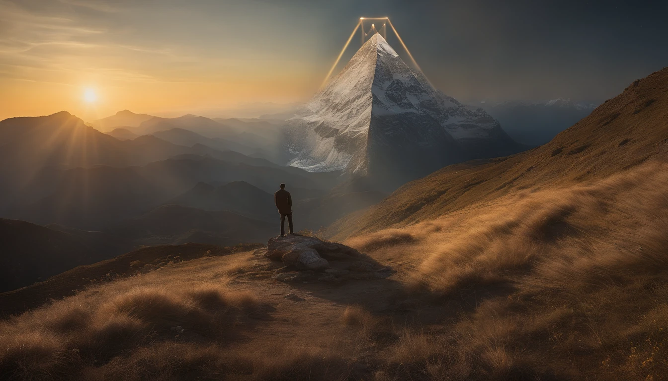 (Best quality at best,4K,8K,A high resolution,tmasterpiece:1.2),ultra - detailed,(actual,realisticlying,Photorealistic:1.37), Transcendent, sacred geometry, flower of life, Ascension, mont, A man stands at the top of a mountain, Gaze at the majestic mountain peaks,Peaceful mountain view, Merkaba dancing in the sky, above the man's head, Sunlight illuminates sacred patterns,Ascend to a higher dimension,Extraordinary energy radiates from the mountain,Majestic mountains bathed in golden light,Sacred symbolism blends harmoniously with the grandeur of nature,The view from the top is stunning,journey of enlightenment,An ethereal atmosphere enveloped the entire scene,The sublime connection between nature and spirituality,Serenity and serenity merge with sacred geometry.
