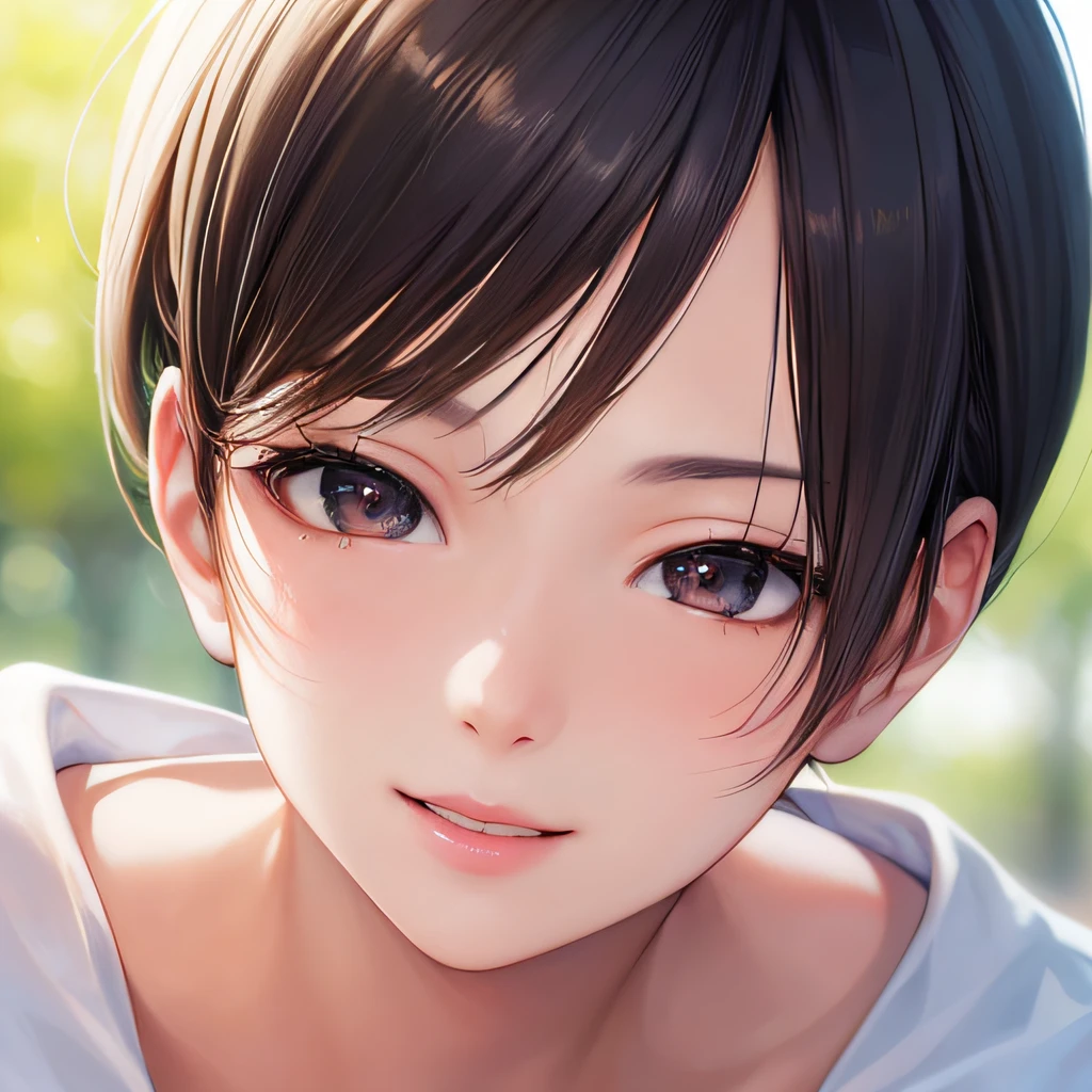 photographrealistic, (masutepiece,Best Quality:1.4),(8K,Raw photo,photographrealistic:1.2), Detailed skin,Detailed face,1girl in,Japanese Idol,Cute face, Black hair,slender, shiny eyes, Smile, close-up, Dutch Angle, looking away from viewer