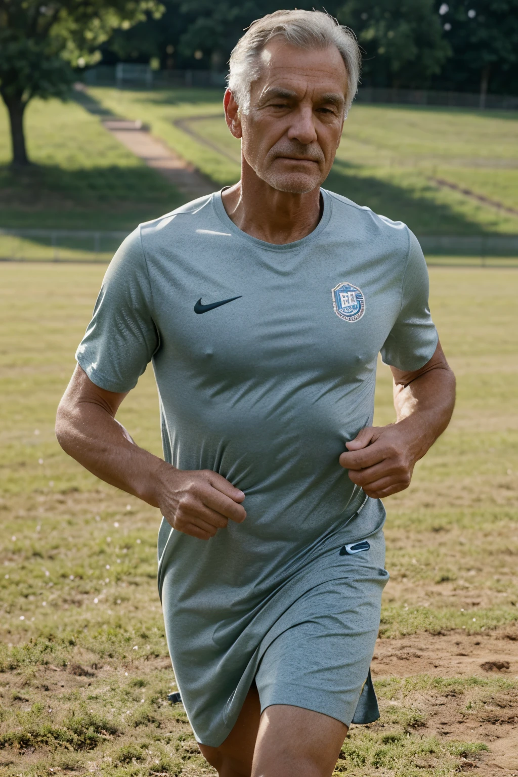 Man over 50 years old, with an athletic state running in the field, vestido con ropa Nike, foto realista, 8k, raw, 1:1