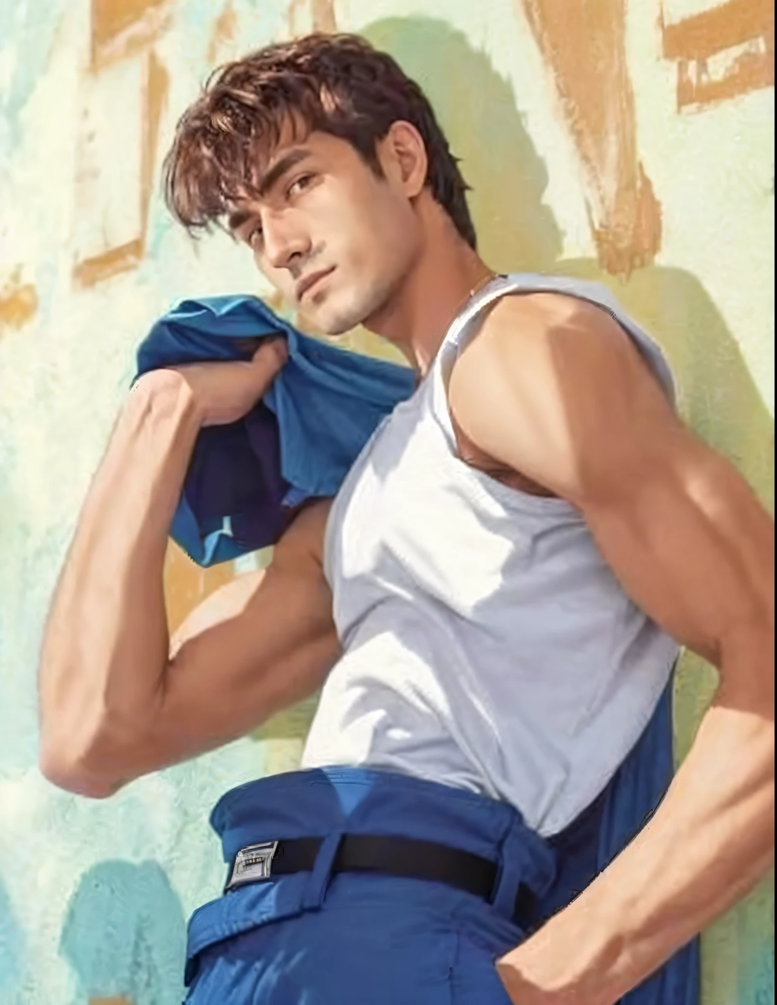 Homem ruivo com t-shirt branca sem mangas garantindo casaco azul por cima do ombro, in blue pants and black belt in front of a wall, musculoso!
