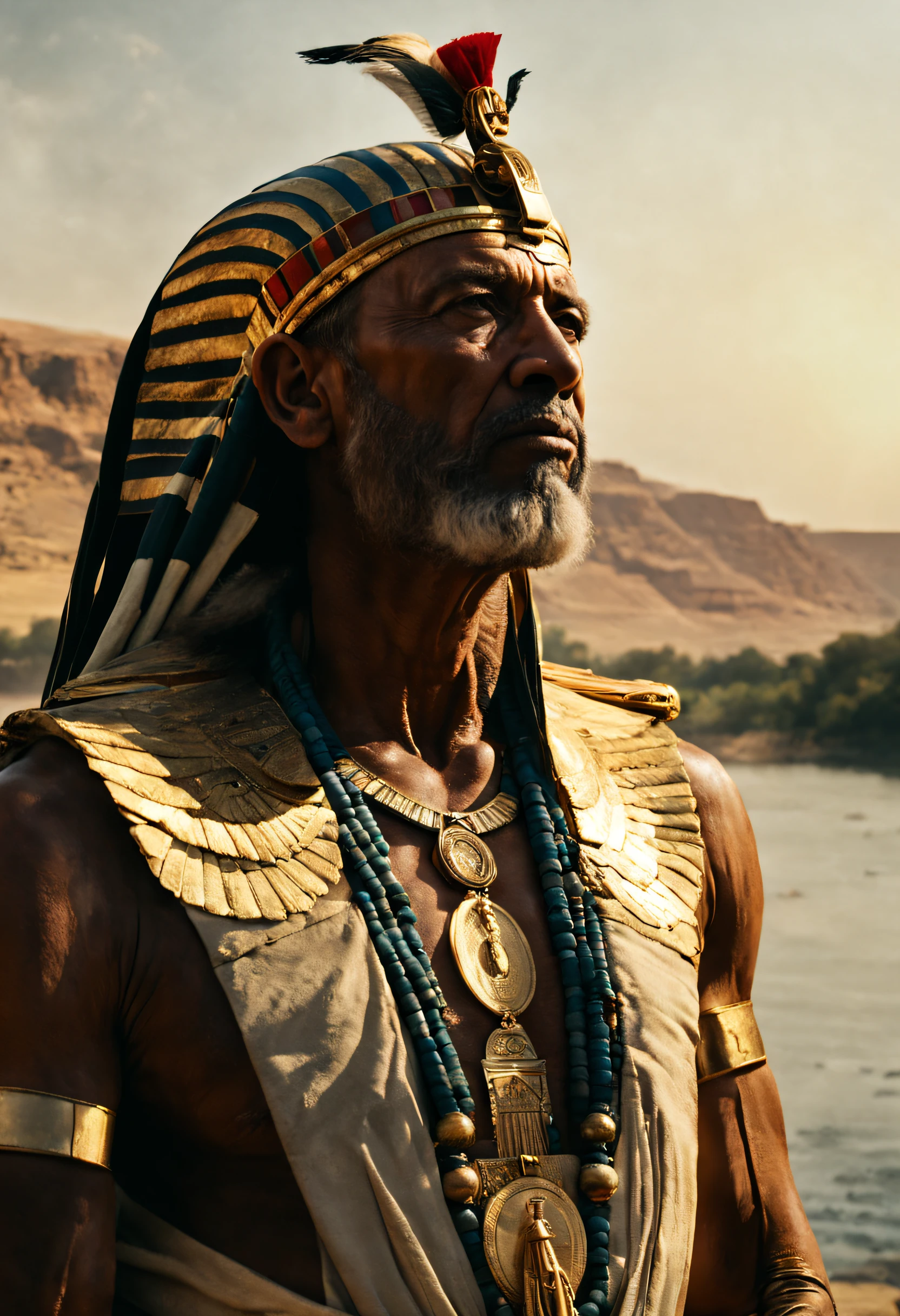 The chieftain of an ancient Egyptian tribe overlooking the Nile River, adorned in regal attire, with a cinematic focus on the grandeur of the river and the leader's authority, Realistic 4K cinematic portrait, with attention to majestic details