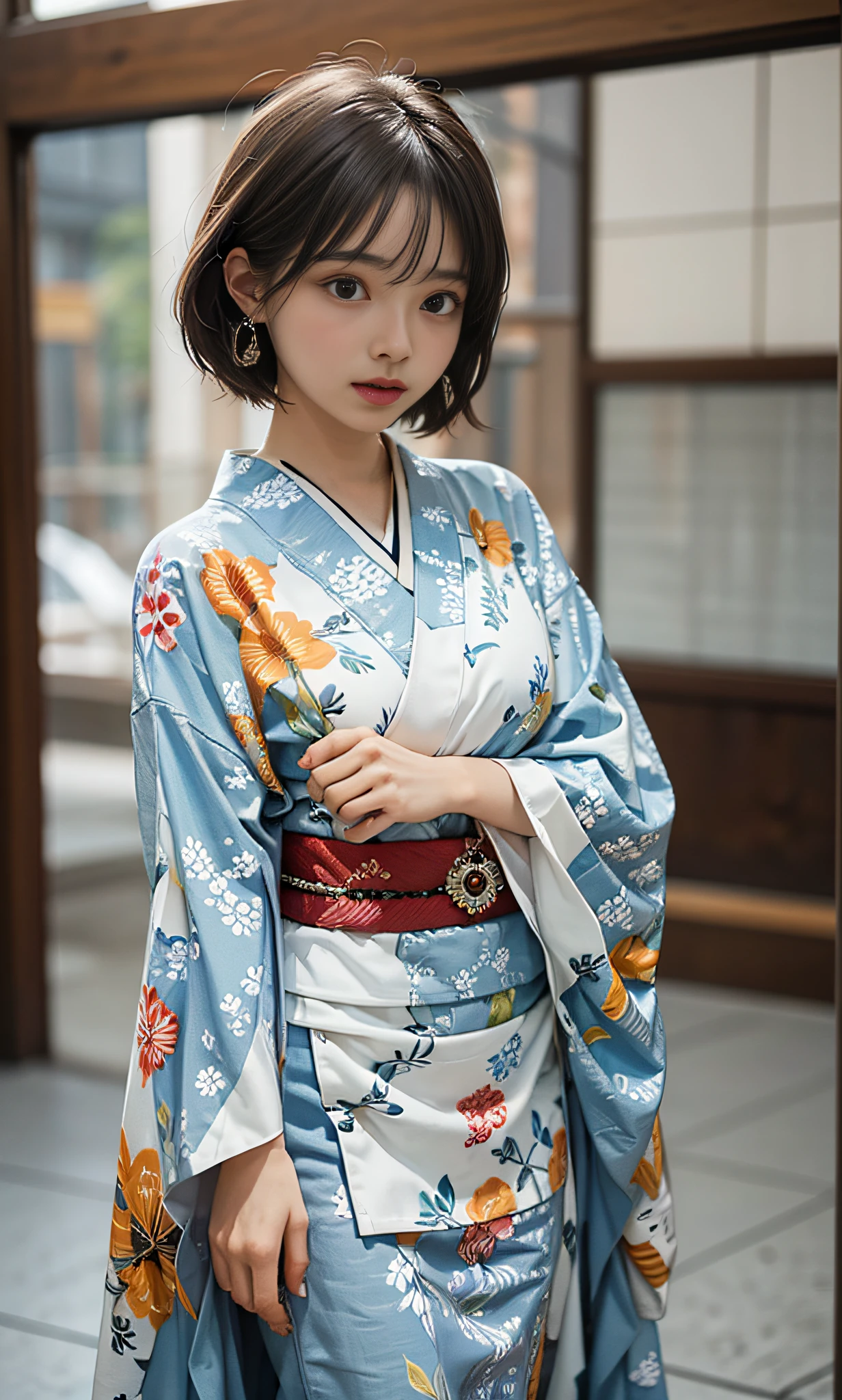 ((top-quality、​masterpiece:1.3))、sharp:1.2、Perfect Body Beauty:1.4、((Layered hairstyle))、(Kimono:1.1)、(shrines:1.2)、Highly detailed facial and skin texture、Detailed eye、二重まぶた、((short-length hair))、boyish、Cool、((unisex))、big eye、bangss、((One Woman))、Black eyes、tying  hair、hair adornments、a junior high school student