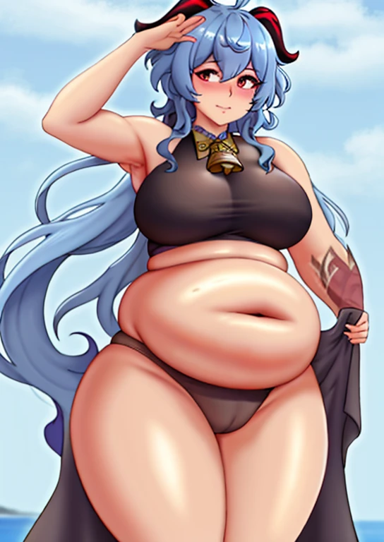 fat, large belly, big belly, very fat, large stomach, chubby (best quality, masterpiece), fat belly, ganyu, ganyu genshin