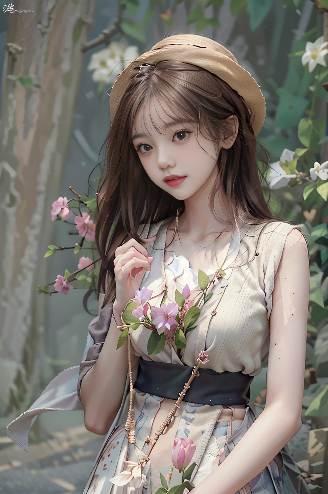 best qualtiy,tmasterpiece,超A high resolution,full body Esbian,upper limbs,(realisticlying:1.4),RAW photogr,1girll,a asian beauty, Korea, Super beautiful, Beautiful skins, slim, body facing front, (Ultra photo realsisim), (hight resolution), (8K),, ssmile,short detailed hair,Black shawl straight hair,46 point slanted bangs,high definition detail、Hyper-detailing、Cinematic Light、Ultra-realistic realism、Soft light、Deep field focus bokeh、With short black hair,White skin,famousartwork,face perfect,beauitful face,beautidful eyes,((Perfect female body)),In a white blouse shirt,The shirt,pleatedskirt,hair pin,耳Nipple Ring,jewely,brown haired,looking at viewert,cparted lips,Playful,In flowers,having fun,vivaciousness,,with straw hat,fresh flowers、elementary student、A smile、