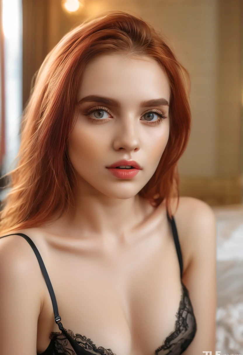 (best quality, highres, masterpiece:1.2), ultra-detailed, realistic:1.37, HDR, studio lighting, vivid colors, bokeh, portraits, girl , tempting, black lingerie, beautiful detailed eyes, beautiful detailed lips, long eyelashes, flowing red hair, graceful posture, elegant movements, enchanting atmosphere, soft and warm lighting, natural background, tempting expression, delicate features, arrogance shining through, the essence of beauty, breathtaking presence, big breasts, no bra