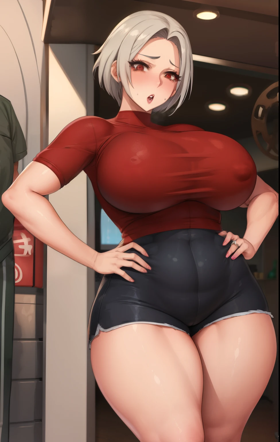 Anime girl in shorts and red shirt posing for the camera, Chic, oppai proportions, oppai, biomechanical oppai, (SFW) safe for work, heavy looking, large thighs, she has a jiggly fat round belly, Tifa Lockhart with gray hair, at the counter, an oppai cyberpunk, 2 b, 2b, Voluptuous body, curvy body, Tifa Lockhart, Naughty anime style, plus size model, Scruffy body,Erotic cartoon style body, Married woman's big ass,Eros of a married woman, Married woman style, Married woman atmosphere