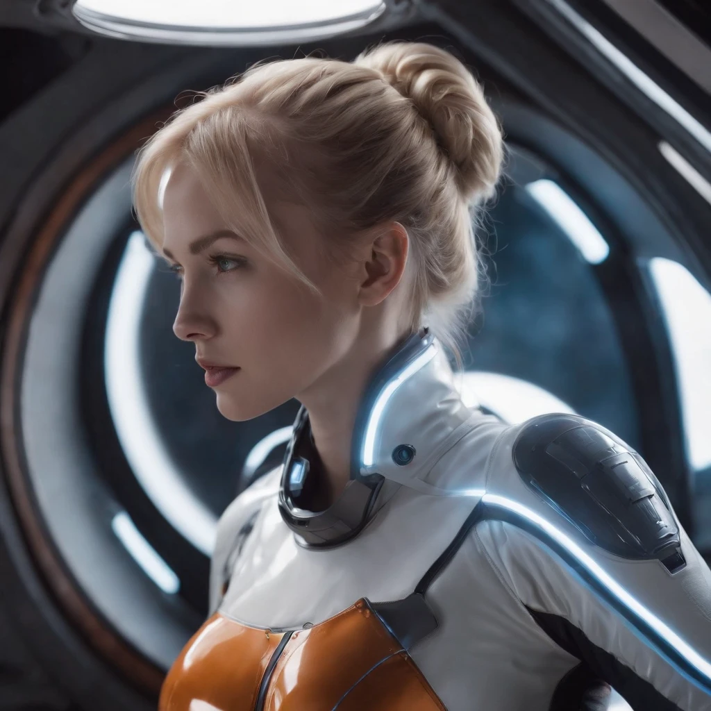 masterpiece, best quality), beautiful female space pilot with blue eyes and blond flying hair is wearing a futuristic space suit in latex, metallic, white, shiny, glowing light stripes in space suit inspired by TRON and Alien, space suit top, but wearing only boxer shorts,  legs, preparing to go to bed, HD, the girl is floating around in zero gravity in a cabin of a futuristic spaceship, no gravity, weightless, flying around, through a window in the spaceship we can see the glowing sun from a close distance, subdued light in the spaceship, lots of displayers and instruments are the main source for the light in the scene, displayers in orange and blue light, a glowing orange light from the sun outside the space ship is dominating the scene, cinematic lighting in the hair, hair light, wind in the hair,