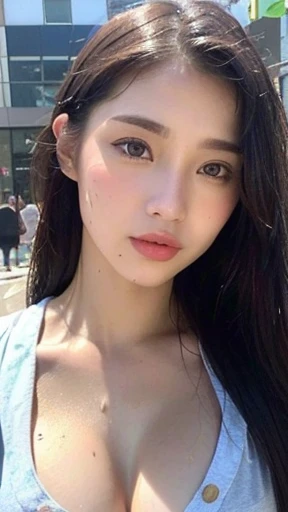 ((the best quality、8K、A masterpice:1.3))、Shot in the park、beauty legs、Whole human body、1girls、beautfull Japanease woman:1.3、(Long hairstyles、titty:1.2)、Blue Casual:1.2、Beautiful Woman with Perfect Style：1.4、Perfect eyes、Even-eyed、Perfect iris、Perfect lips、natural smile、flawless skin、No moles、Super Detail Face、Delicate eys、双眼皮、Soft breasts、smile on face、Exposed cleavage、