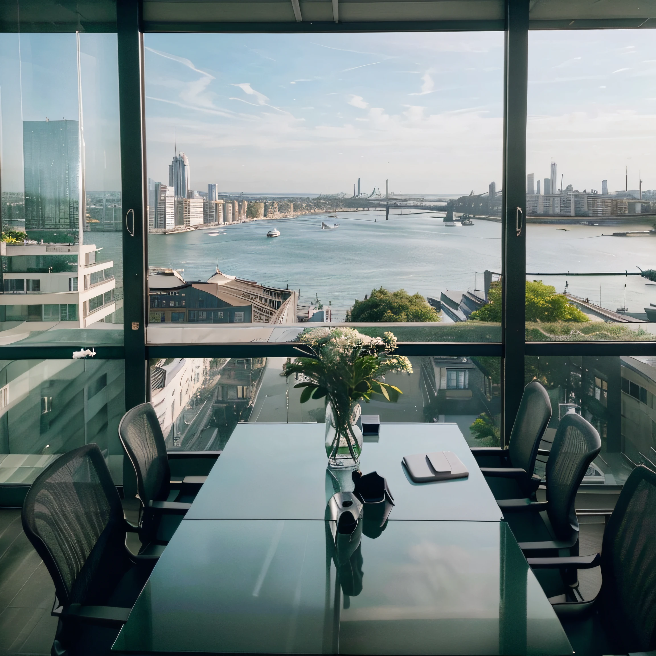 An elegant meeting table, with a panoramic view of the city in the background.. The setting conveys professionalism and an environment conducive to making important decisions. professional still camera (realista). (insira plantas decorativas) (Atmosfera minimalista) (cidade arborizada)
