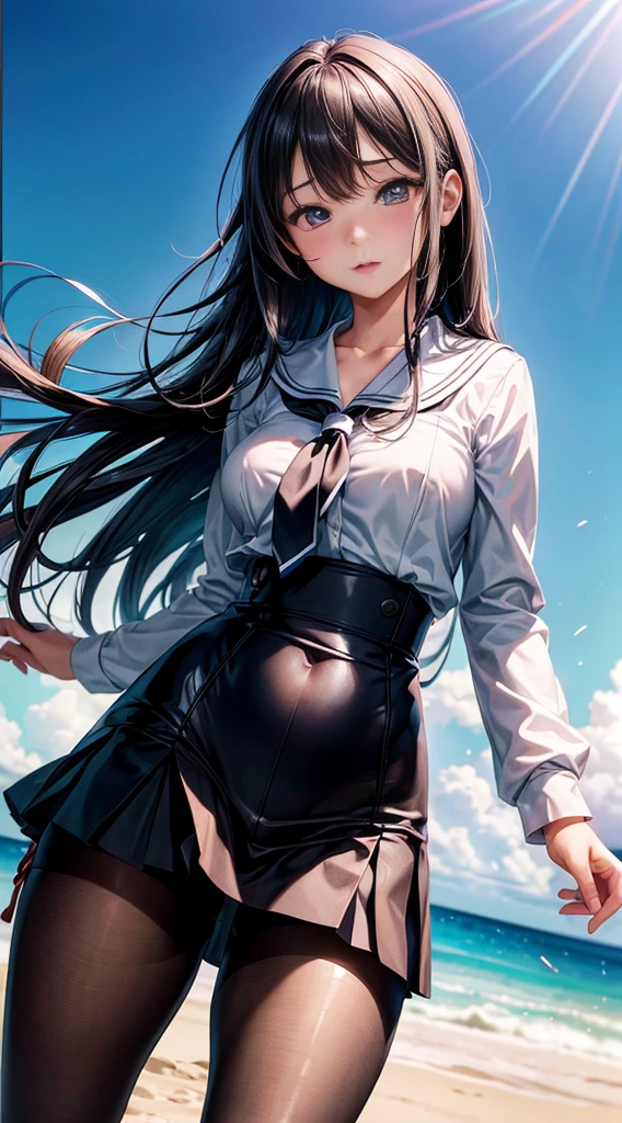 realistic school girl、Dressed in uniform、(Wear pantyhose、realistic pantyhose)、RAW photogr, (8K、top-quality、masterpiece:1.2)、(intricately details:1.4)、(真实感:1.4)、octane renderings、Complex 3D rendering hyper-detail, Studio soft light, Edge lights, vibrant detail, super detailing, realistic skin textures, detailface, beatiful detailed eyes, Very detailed CG Unity 16k wallpaper, cosmetics, (detailedbackground:1.2), Glossy glossy skin、