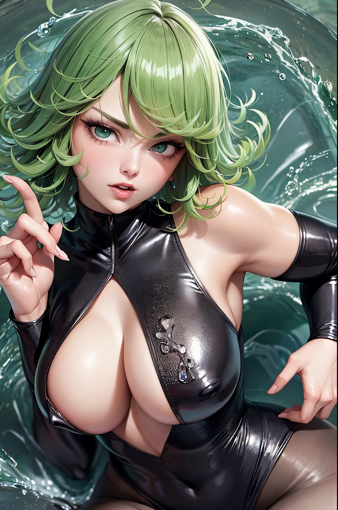 (beste-Qualit, 8K, 12), 1 girl, tatsumaki, Short Hair Hair, green hair, giant breast, the perfect body, ultra detail face, detailed lips, Slender Eyes, black dress, standingn, enticing, Excited, convex areolas, in heat, Milf, steam, Sex, trembling, , Looking Up, From directly above, ahegao, sperm on face, Wet