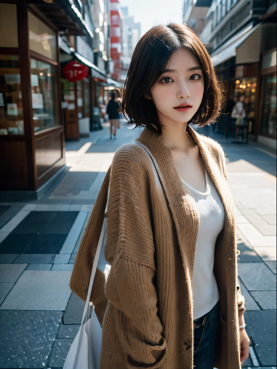 Stroll through the shopping street、Portrait of a woman in a coat, top-quality、hyper HD、奈良美智, Japanese Models, Beautiful Japan Girl, With short hair, 27-year-old female model, 4 k ], 4K], 27yo, sakimichan, sakimichan