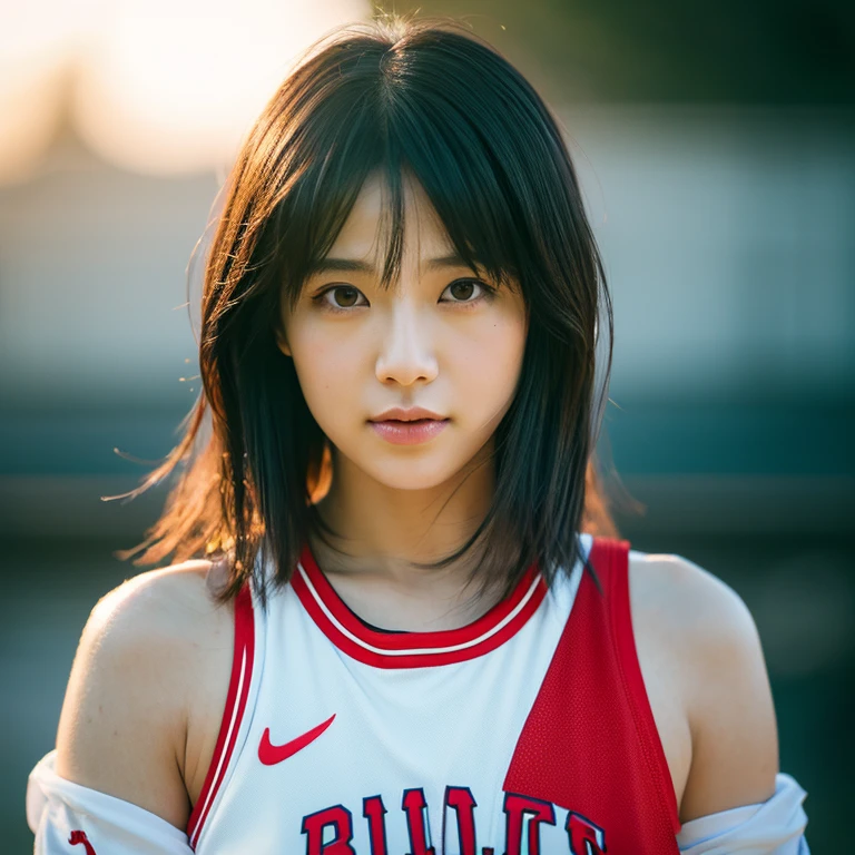 Manga Haruko Akagi，Sweat profusely，(Wear the white and red NBA Bulls basketball jersey)，（8K，best qualtiy，tmasterpiece：1.2），（realisticlying，realisticlying：1.37），ultra - detailed，Loose basketball uniform，brunette color hair，Short messy hair，(dark shot:1.1), Epic Realistic, raw, analogue，Stunning full portrait of a woman，Wet hair，Natural makeup，plain face，pureerosface_v1，tmasterpiece，（（highly detailedskin，Skin Detailed，Water details）），tack sharp focus，Volume Fog，8K UHD，Digital SLR，high quarity，film grains，FUJI XT3，Greg Lutkowski and the Art of Art Germ，Soft cinematic light，adobe lightroom，Photolab，nffsw，Convoluted，Very detailed，（depth of fields：1.4），Faded，（com cores neutras：1.2），（nffsw：1.4），（Pastel colors：1.2），ultra - detailed，（art  stations：1.4 ), Cinematic Light, Warmly lit, dramatic lights, (intricate-detail:1.1), the complex background, (rutkowski:0.66), (teal and orange:0.4), (Natural Skin Texture, Hyper-Realism, Soft light, sharp)