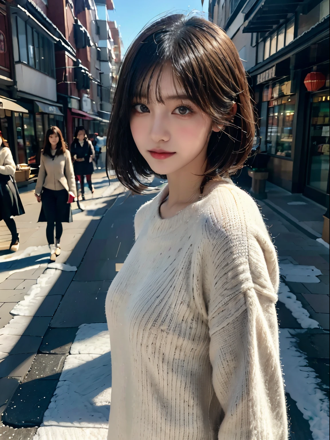 Shopping street with falling snow、Winter jumper、 top-quality、hyper HD、奈良美智, Japanese Models, Beautiful Japan Girl, With short hair, 27-year-old female model, 4 k ], 4K], 27yo, sakimichan, sakimichan