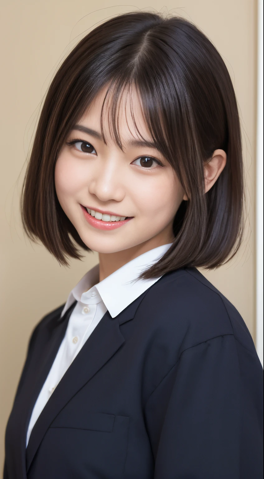 masutepiece, Best Quality, 8K, 8years old, , Raw photo, absurderes, award winning portrait, Smile, Solo, Idol face, Delicate girl, Upper body, Digital SLR, Looking at Viewer, Candid, Sophisticated,Thin arms, Professional Lighting, Film grain, chromatic abberation, (Eyes and faces with detailed:1.0), (Bokeh:1.1) , (Office Lady Uniform:1.1) , closes mouth , A dark-haired , drooing eyes , large full breasts , (Thick lip:1.2) , 15-year-old face , red-lips , ID photo、a smile、A slight smil、bob cuts、Hair Accessories、
