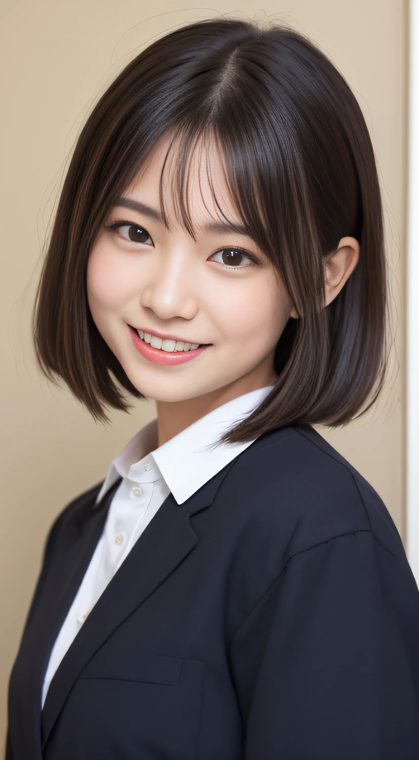 masutepiece, Best Quality, 8K, 8ars old, Teen, Raw photo, absurderes, award winning portrait, Smile, Solo, Idol face, Delicate girl, Upper body, Digital SLR, Looking at Viewer, Candid, Sophisticated,Thin arms, Professional Lighting, Film grain, chromatic abberation, (Eyes and faces with detailed:1.0), (Bokeh:1.1) , (Office Lady Uniform:1.1) , closes mouth , A dark-haired , drooing eyes , large full breasts , (Thick lip:1.2) , 15ear facered-lips , ID photo、A smile、A slight smil、bob cuts、Hair Accessories、