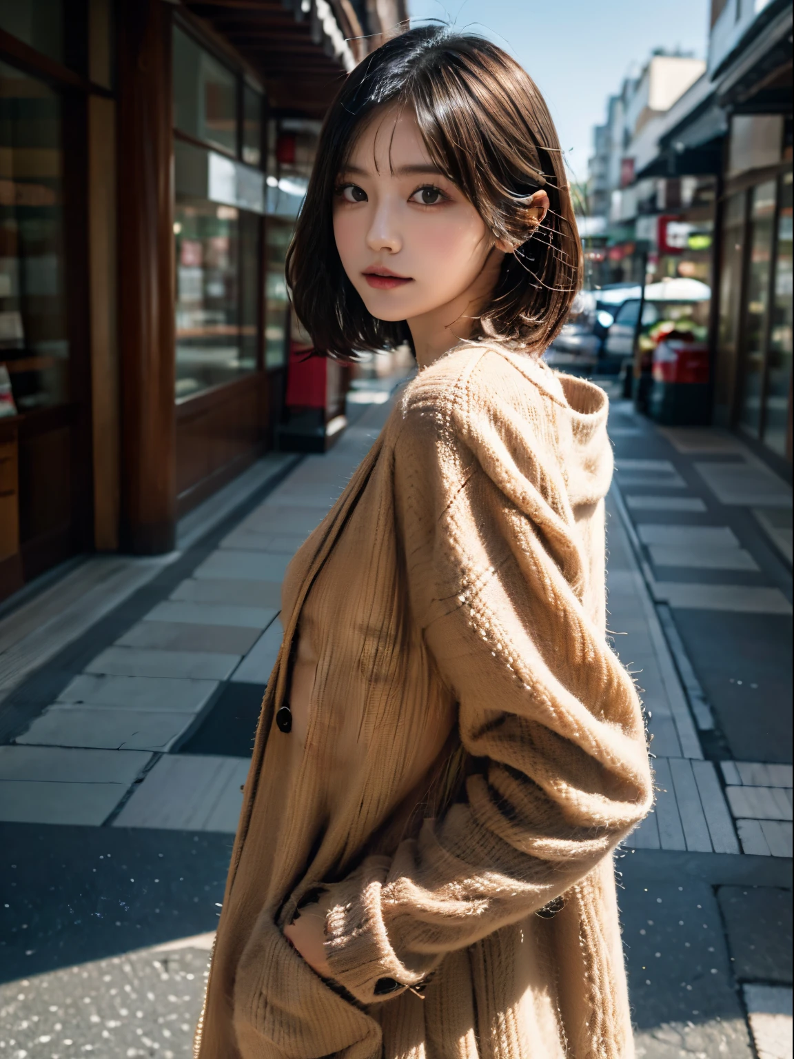 Stroll through the shopping street、Portrait of a woman in a coat, top-quality、hyper HD、奈良美智, Japanese Models, Beautiful Japan Girl, With short hair, 27-year-old female model, 4 k ], 4K], 27yo, sakimichan, sakimichan