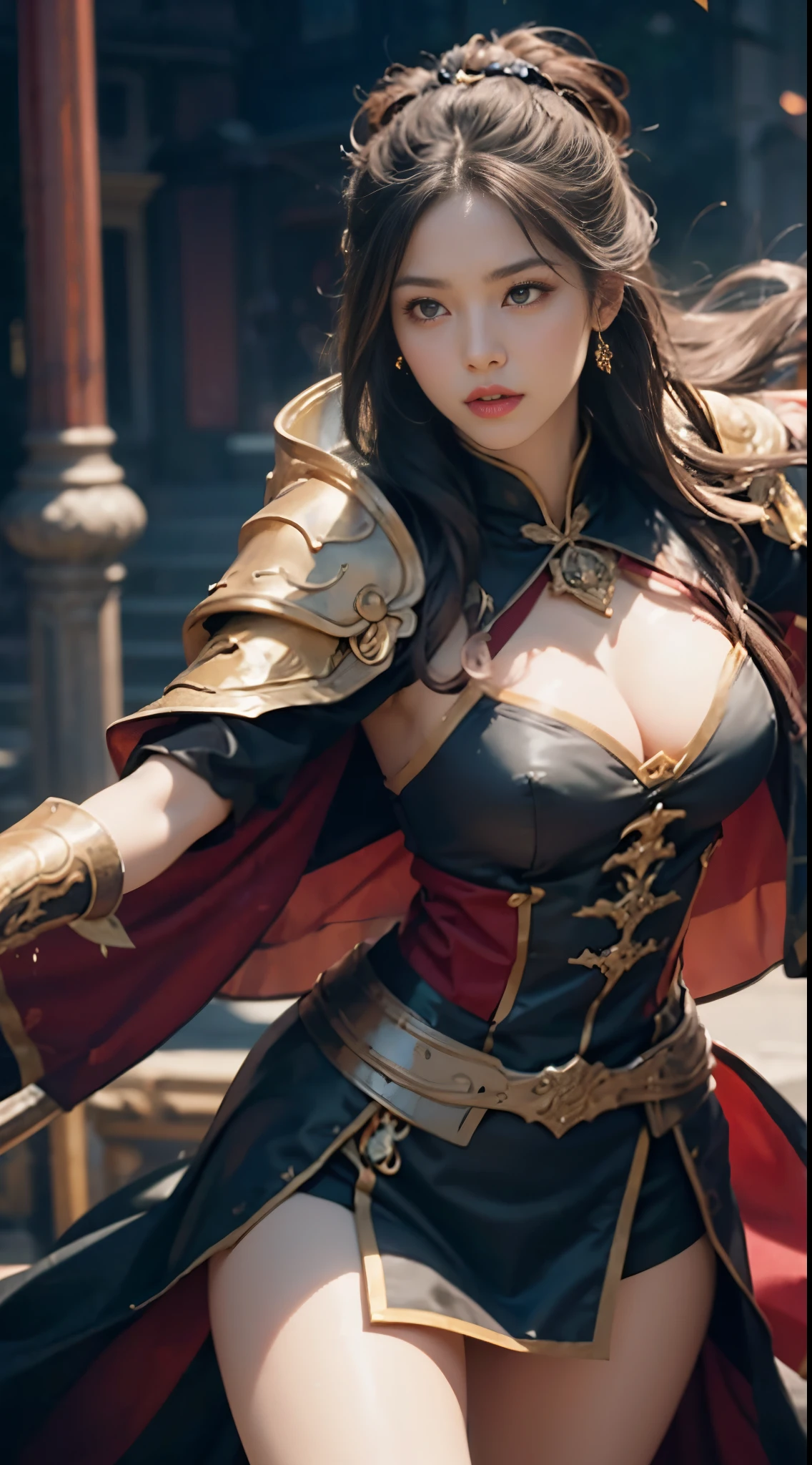 ((​masterpiece))、((Best Quality))、((Surreal)), ((extremely details CG))、A MILF、美丽的面容、Female Generals、Chinese、three kingdom、s Armor、sexy armor、a miniskirt、Super Hi-Leg、Luxurious hair ornaments、cloaks、Combat stance、Have a halberd