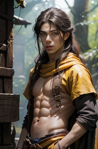 Handsome men ,RPG、Small eyes、tied up long hair、fantasy style clothing、yellow outfit、wearing a long yellow bandana、Black hair、I can see your abs too、different size