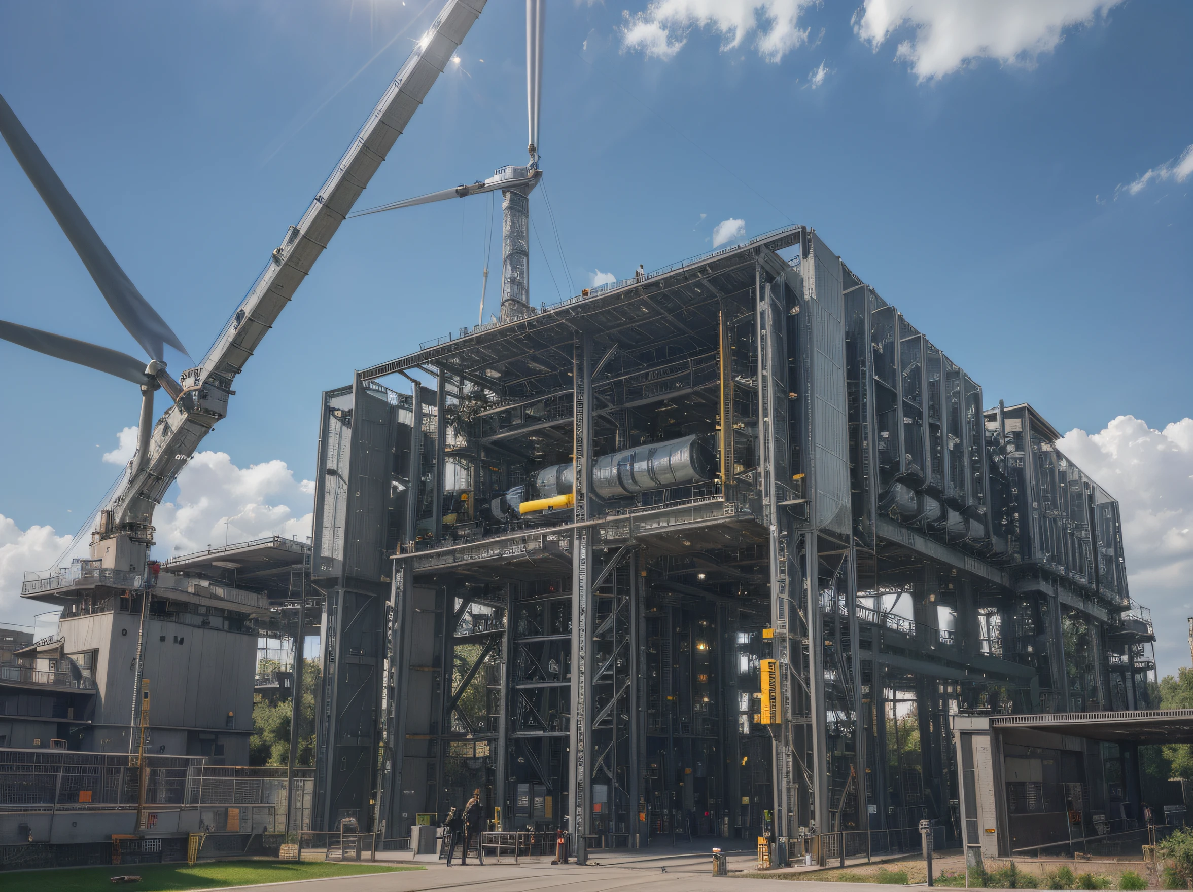 (best quality,4K,8K,hight resolution,Meisterwerk:1.2),Ultra-detailliert,(realistisch,fotorealistisch,fotorealistisch:1.37),,Stahlkonstruktion,big industry, Dynamische Bewegungen, Dramatische Beleuchtung, Reflexionen und Glanz, Metallische Texturen, steel-like and shiny surfaces, nuancierte Reflexionen, realistic, Green trees, renewable energy.