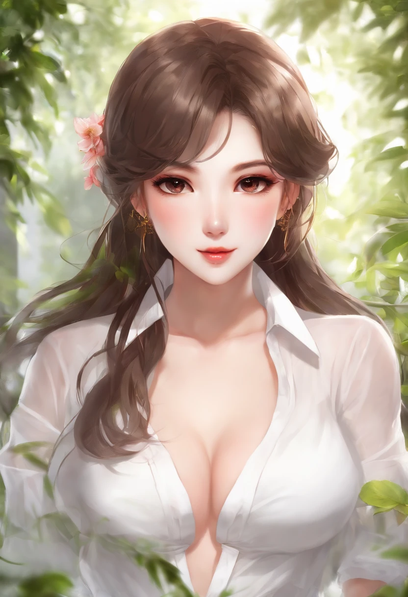 (blush face), (shiny skin), girl, ((see-through white shirt)),(medium breasts), (overgrown), Oiran, Masterpiece, ((standing)), from front, (cleavage), abs