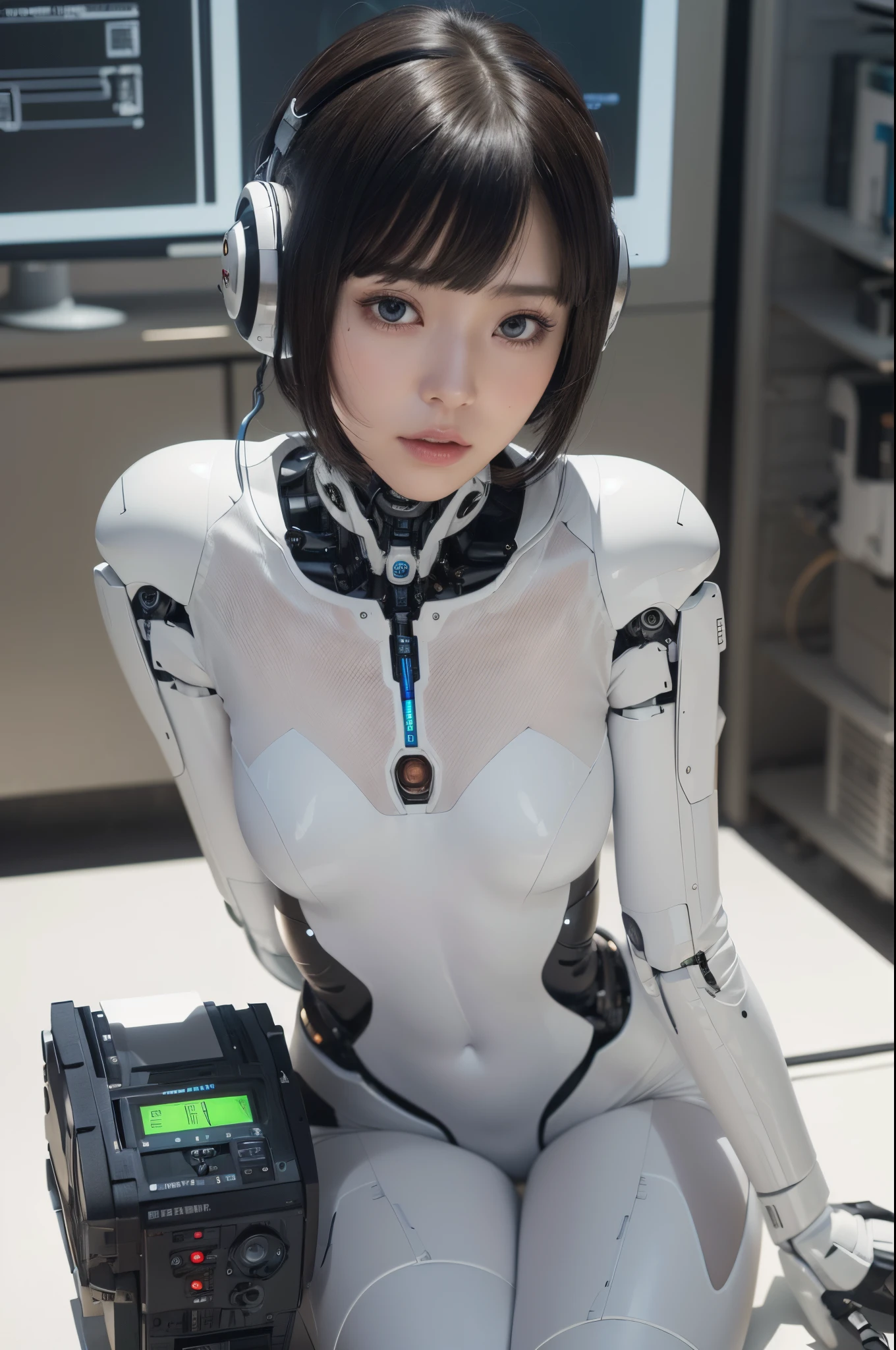 masterpiece, best quality, extremely detailed, (photorealistic:1.4), (RAW photo) (RAW photo) (8K, 4K, Best Quality, hight resolution, 超A high resolution:1.1), (masutepiece, Realistic, Photorealsitic:1.1), 1girl in, Japaese Cyborg Girl,Plump , black loose boots,announcer,control panels,android,Droid,Mechanical Hand, , Robot arms and legs, Black Robot Parts,Black hair,Mechanical body,rompers,Blunt bangs,White abdomen,white body suits,White robotics parts,perfect robot woman,future laboratory,cyber pank,charging spot,laboratory,long tube,thick cable connected her neck,ceramic body ,full eyes,striking eyes,mechanical body, ear antenna,mechanical ear cover,android,robot humanoid,short hair,,