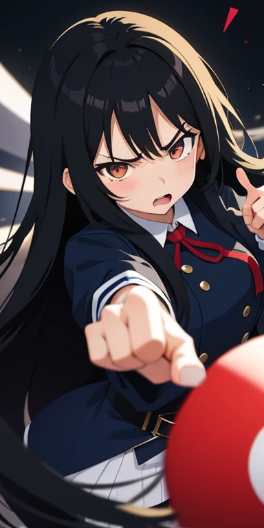 One Woman、beautiful girl, Highest quality, Thick thighs、Big 、Big Ass、Black Hair、long hair、Bangs、Red blazer uniform、Angle from directly below、Intimidating attitude、Angry、classroom、Window glass is broken、Many students behind、Pointing finger at the viewer、bellow、Pleated skirt、Black Pantyhose、Black panties