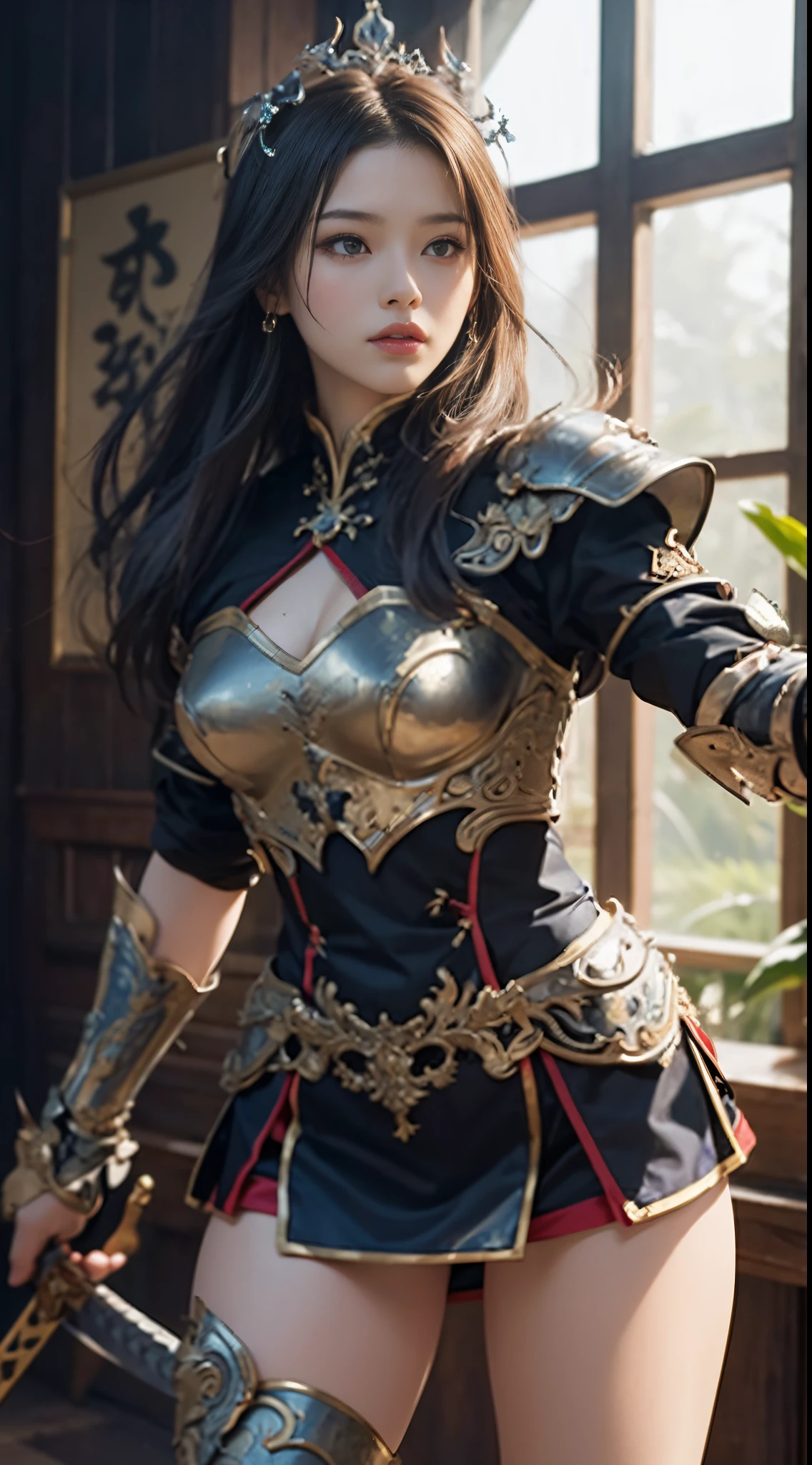 ((masterpiece))、((Best Quality))、((Surreal)), ((extremely details CG))、A MILF、美丽的面容、Female Generals、chineseidol、three kingdom、s Armor、sexy armor、a miniskirt、Super Hi-Leg、Luxurious hair ornaments、cloaks、Combat stance、Has a blue dragon sword
