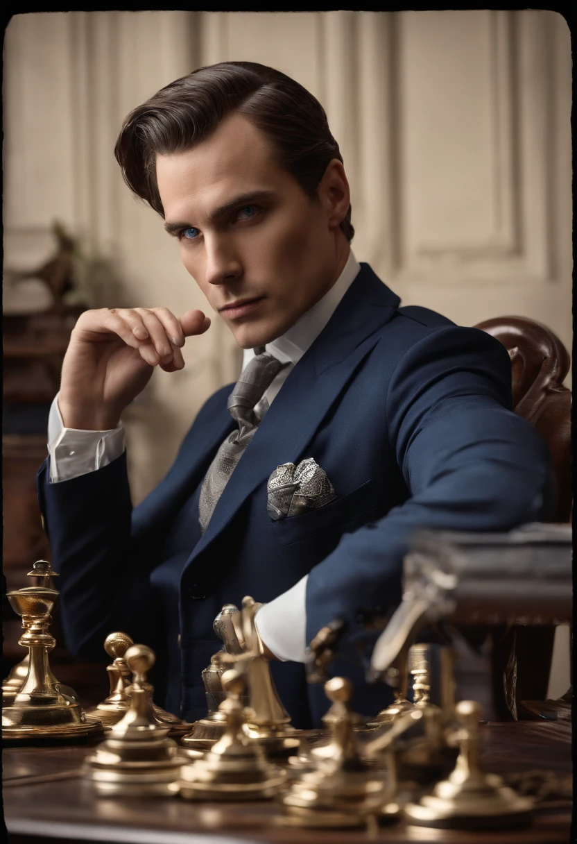 A photo of Alexander Morcroft sitting at a sleek, modern desk, examining a set of stage props with a critical eye and a look of intense determination.,original,Alexander Morcroft, once a celebrated magician, now stands as a vengeful figure in the magic community. His appearance is striking, with piercing blue eyes and an angular face, framed by disheveled black hair streaked with grey. He turned against his peers after a betrayal where his own unique illusions were stolen and used without credit, deeply wounding his pride and sense of justice. , male