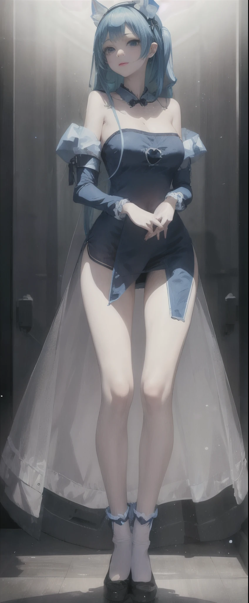 (Full body photo),Fluorescent background,(1 Witch,Flash fluorescence,military hat,Transparent tulle kimono,Delicate headgear,ssmile),(paper art,Quilted paper art,geometry),(Lots of colors,Best quality,high detal,tmasterpiece,movie light effect,4K,lightand shade contrast),Blue transparent tulle cheongsam,pigtails,Red knee-length socks,luminous totem,eBlue eyes,green hair and big breasts,long braid,