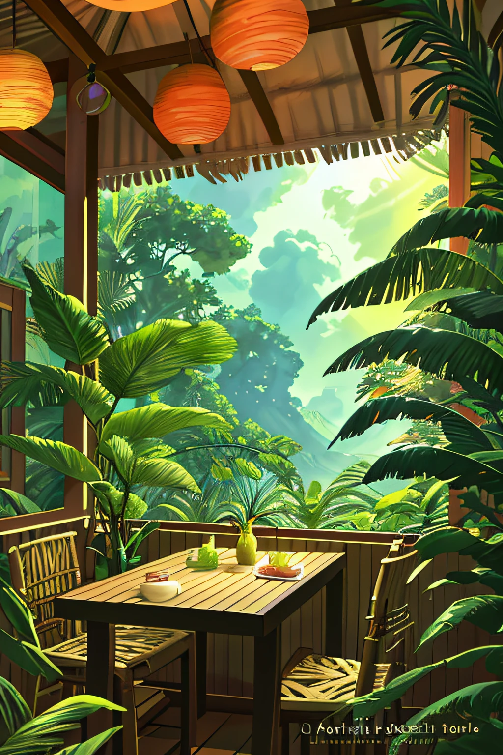 painting of a tropical forest restaurant, sunlight, beautiful calm tropical vibe,wooden table and chair, monstera plant, hanging lights , 4k hd, moonlight, cloud,ocean, moonlight reflection,beautiful art uhd 4 k, a beautiful artwork illustration, beautiful digital painting, highly detailed digital painting, beautiful digital artwork, detailed painting 4 k, very detailed digital painting, rich picturesque colors, gorgeous digital painting
