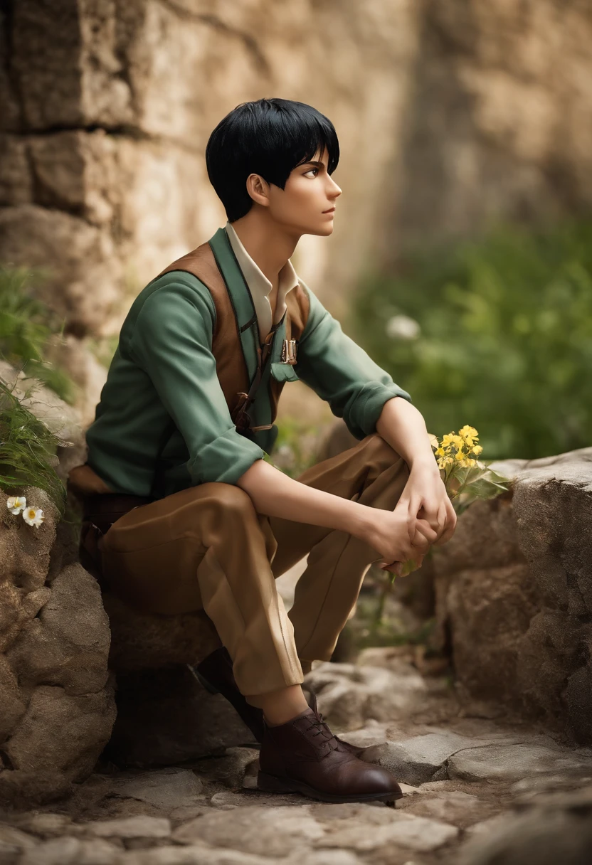 A photo of a small, delicate wildflower growing in a crack in the stone wall of the training camp.,Attack on Titan,Bertholdt is very tall with tan skin, a large nose, murky teal eyes, very short black hair with short M-shaped bangs. (Bertholdt Hoover from Attack on Titan), male