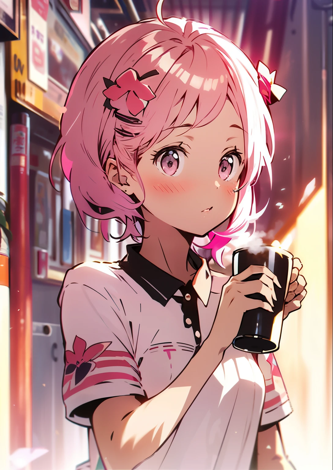 A girl with pink hair， with a straw, Sam ((Have a cup of tea)),  Anime girls drink drinks, style of anime, Cute girl with short pink hair, subtle anime style, ((Pink)), with pink hair, Have a strawberry iced latte