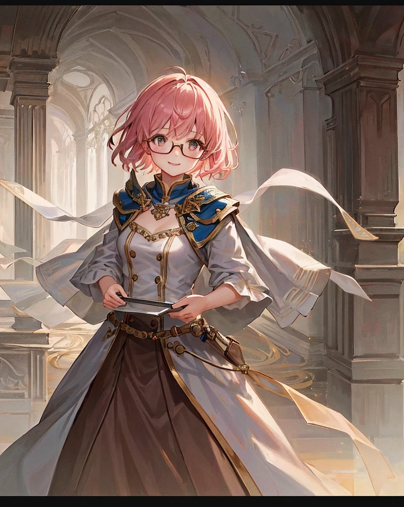 high-level image quality、Masterpiece、fine portrayal、Official Art、Girl with glasses、A pink-haired、short-hair、illustratio、the wind、Eau、sorcerer、European cities、fantasy art style、Friendly atmosphere、Soft atmosphere、pink there、a smile
