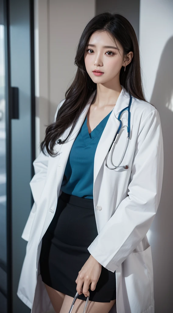 Realistic beauty doctor、Amazingly beautiful、Doctor white coat, collared shir、(top-quality、8K、32K、masterpiece、north african free trade area:1.3)、超高分辨率,(真实感:1.4),Original photography, 详细的脸,,beautiful hairl, ((Doctor style)), , Black tight skirt、 natural makeup,, Full, large breasts、Inside the hospital, detailedbackground, perfect litthing, depth of fields, Beautiful shadow gradient,stethoscope ,