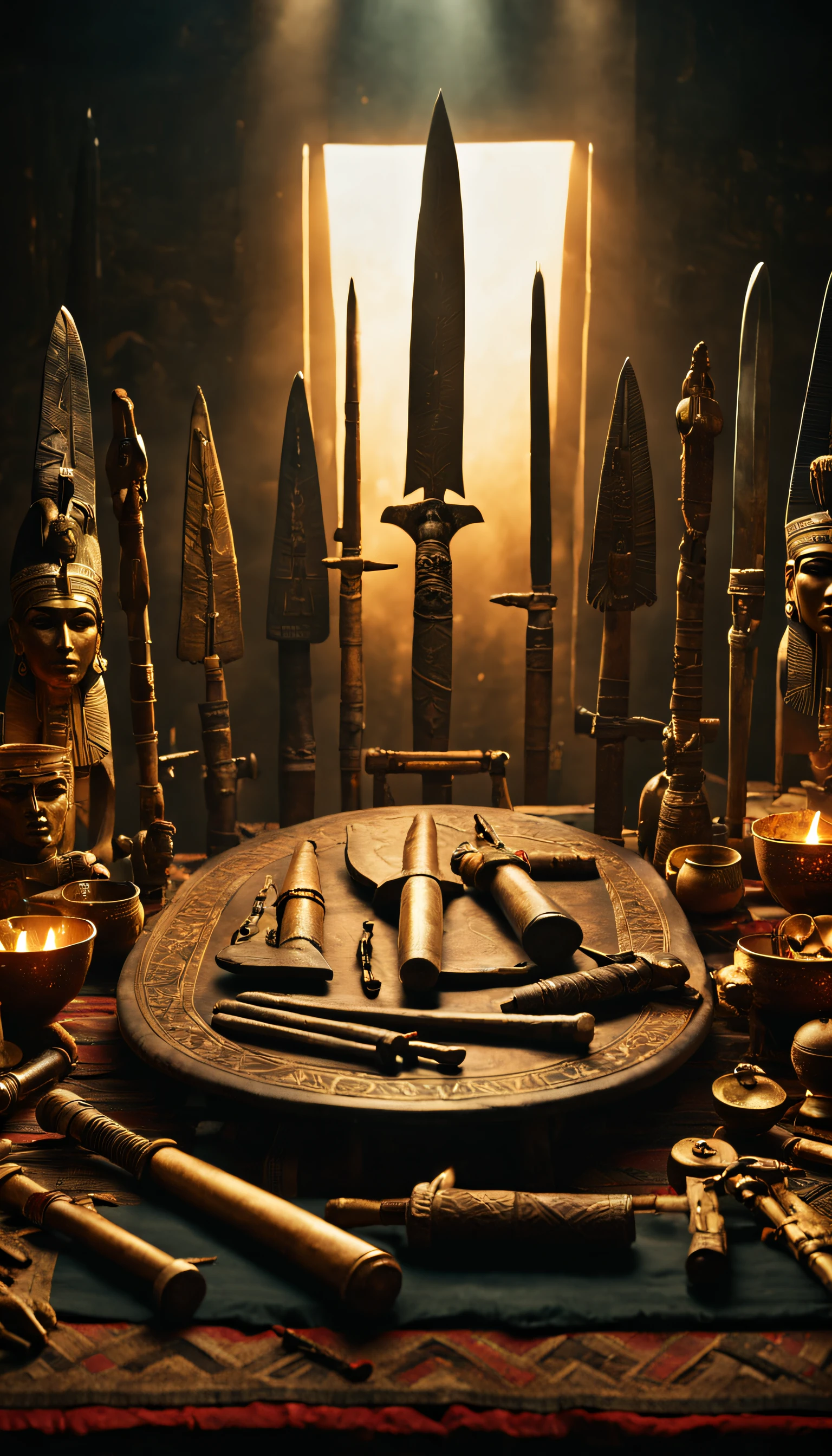 A cinematic showcase of ancient Egyptian tribal weapons and tools, arranged on a ceremonial table with dramatic lighting, emphasizing the craftsmanship and cultural significance, Realistic 4K cinematic rendering, utilizing shadows for depth