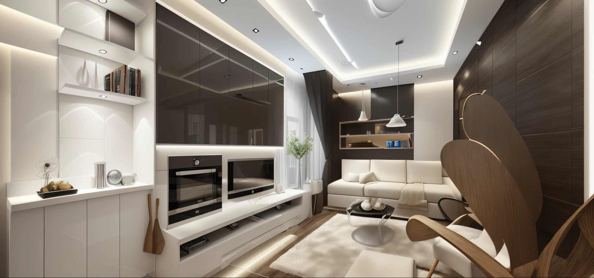 ((Best quality, 16k uhd, Masterpiece :1.3)), Sharp focus :1.2, (photo realisstic: 1.2), (hyperdetails: 1.2), nightday, bedroom, white wall , dynamic (RAW photo, best quality, masterpiece:1.2), detailed, (hyper realistic, photo-realistic:1.2), high quality, (dark lighting:1.2), perfect lighting, living room, style indochine, floor tiles, 1 sofa, 1 table dining, kitchen, cabinet, lamp,white color wall, carpet, picture on the wall between, 3d max render