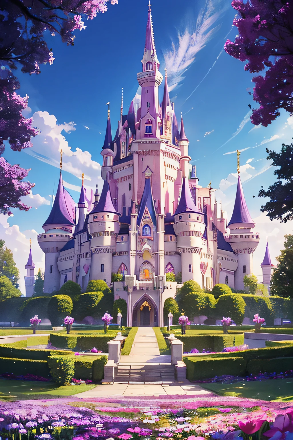 front view, purple castle with a pink tower and a white gate, beautiful castle, fairytale artwork, dreamy and detailed, fairy palace, magic fantasy highly detailed, fairy-tale illustration style,