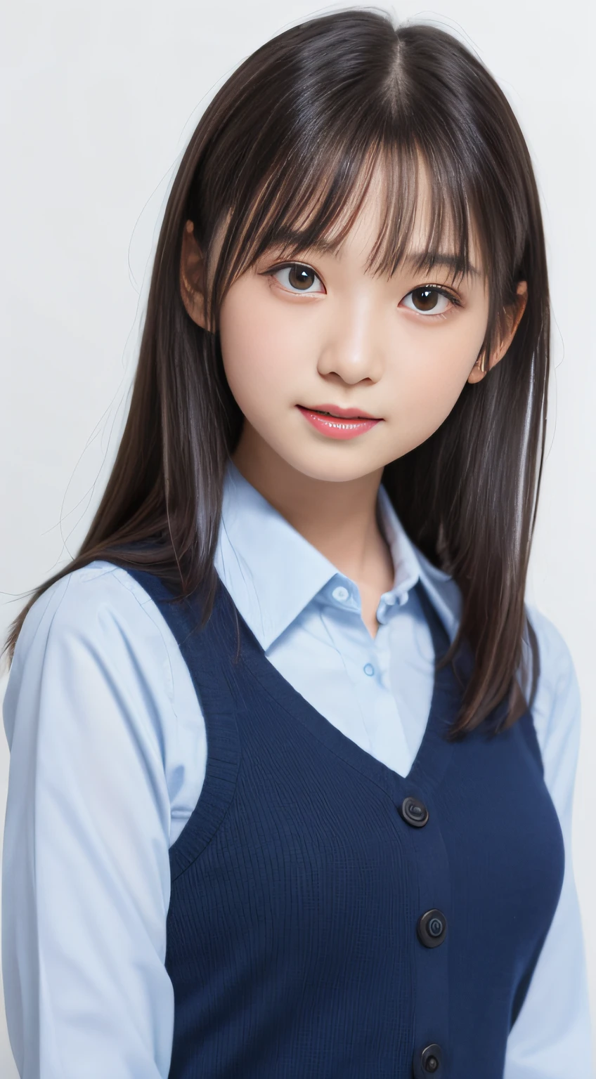 masutepiece, Best Quality, 8K, 8ars old, Teen, Raw photo, absurderes, award winning portrait, Smile, Solo, Idol face, Delicate girl, Upper body, Digital SLR, Looking at Viewer, Candid, Sophisticated,Thin arms, Professional Lighting, Film grain, chromatic abberation, (Eyes and faces with detailed:1.0), (Bokeh:1.1) , (Office Lady Uniform:1.1) , closes mouth , A dark-haired , drooing eyes , large full breasts , (Thick lip:1.2) , 15ear facered-lips 、directly in front、ID photo、student clothes、blue and white gradient background、Straight face、real face、